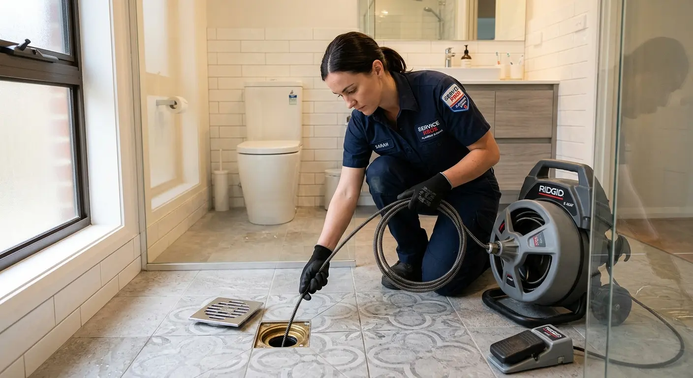 Technician clearing a bathroom floor drain for Clogged Drain Repair in Norwood